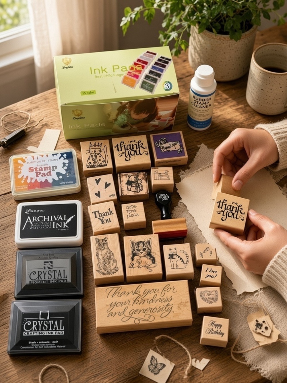Set of wooden rubber stamps Ink pads and rubber stamp cleaner